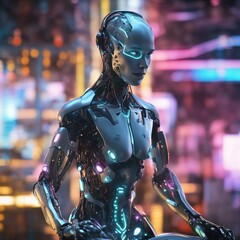 Cybernetic humanoid on factory backdrop pulsates with advanced machinery, neon lights, and dynamic assembly lines