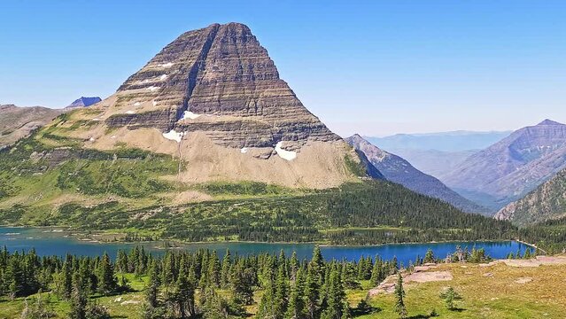 Establishing shot of Hidden Lake and Bearhat Mountain in Glacier National Park, Montana.