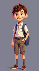 A cartoon boy with a backpack, go to school, 3D render, Ai Generated