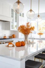 Rolgordijnen White modern kitchen decorated for fall with orange pumpkins and leaves, generative AI © fahrwasser
