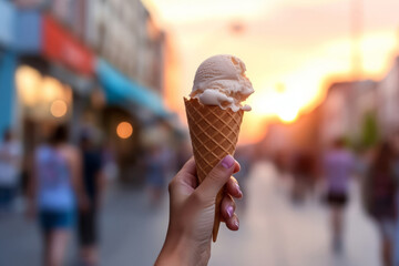 Female hand holding an ice cream cone, social media style photo, food and travel destination concept, generative AI
