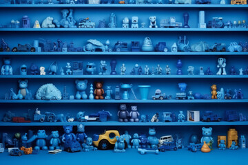 Many little blue objects arranged neatly in rows on shelves, collection of weird little funny objects, generative AI - Powered by Adobe