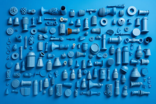 Many little blue objects arranged neatly in rows, collection of weird little funny objects, generative AI
