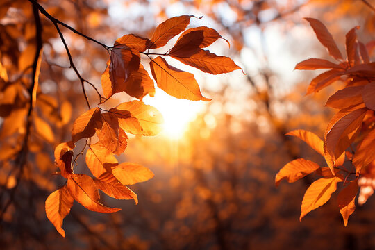 Autumn leaves in the rays of the setting sun on a background of  sky