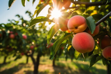 Peach tree with ripe peaches outside on sunny day in an orchard, generative AI - Powered by Adobe