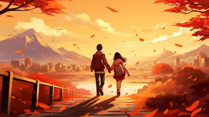 Tuinposter 紅葉デートのイラスト、秋の風景の中を歩くカップル © tota