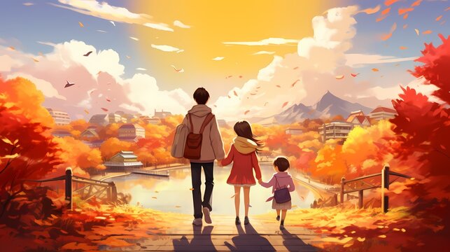 秋と家族のイラスト、紅葉の景色の中を歩く親子