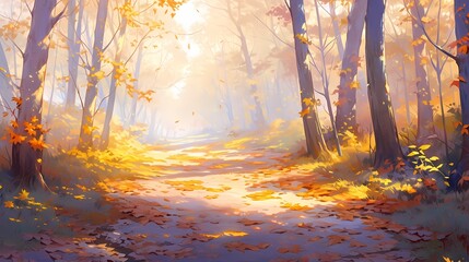 紅葉の背景のイラスト、木々が黄色く色付く秋の山道
