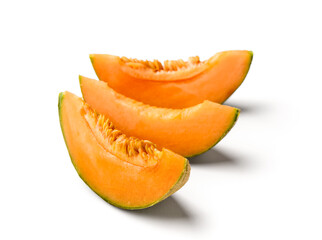 Slices of tasty ripe melon on white background