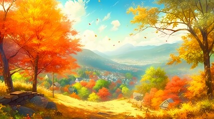 秋の山のイラスト、紅葉するカラフルな風景