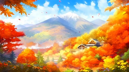 Fototapeta na wymiar 紅葉する山のイラスト、カラフルな秋の風景