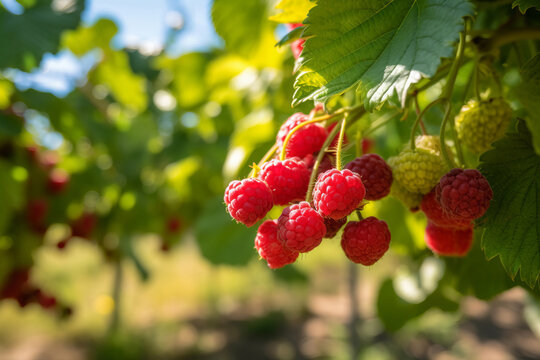 Raspberry plant with ripe red raspberries outside on sunny day in an orchard, generative AI