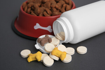 Bottle with vitamins and dry pet food in bowl on grey background, closeup