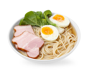 Bowl of delicious ramen with meat isolated on white. Noodle soup