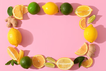 Frame made of ingredients for preparing lemonade on pink background