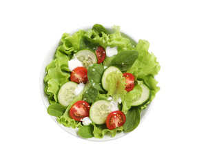 Delicious salad in bowl isolated on white, top view
