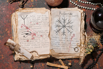 Witch's magic attributes with spell book on grunge background