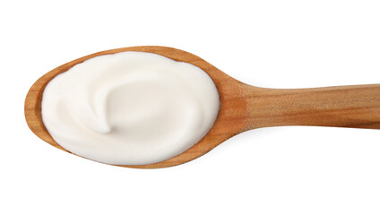 Wooden spoon with delicious sour cream isolated on white, top view