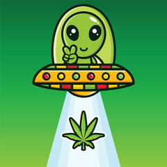 cute alien riding a ufo picking up cannabis