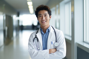 Portrait of a smiling young asian doctor in a hospital hallway, generative AI
