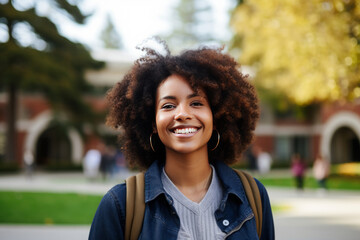 Portrait of a smiling young black female student on colledge campus in the fall, ready to start school year, generative AI