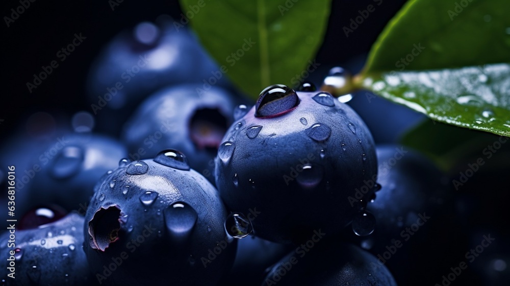 Poster generative ai : fresh blueberry fruit with water droplets isolated on white background with clipping