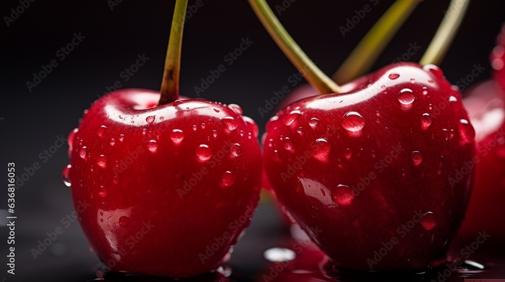 Poster Generative AI : Fresh Cherry fruit with water droplets isolated on white background with clipping path