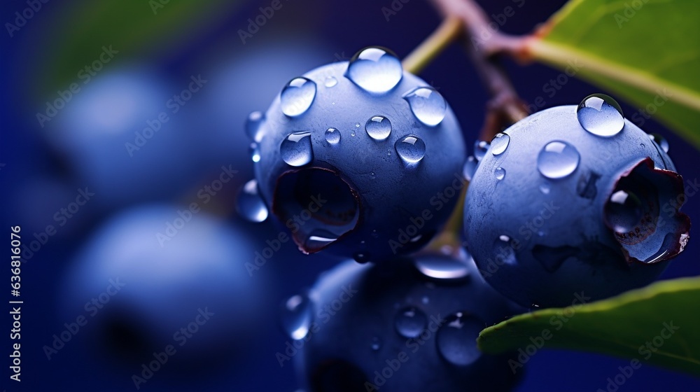 Poster generative ai : fresh blueberry fruit with water droplets isolated on white background with clipping