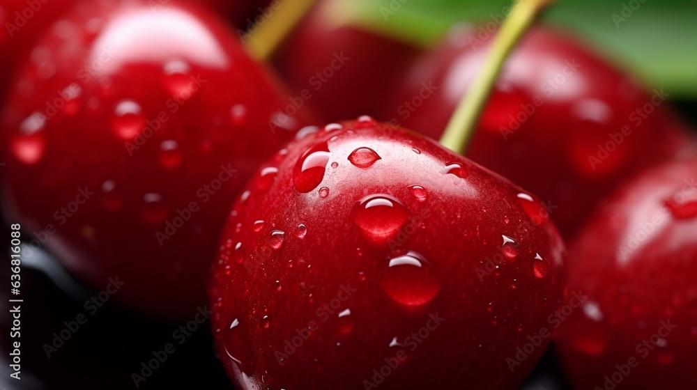Poster Generative AI : Fresh Cherry fruit with water droplets isolated on white background with clipping path