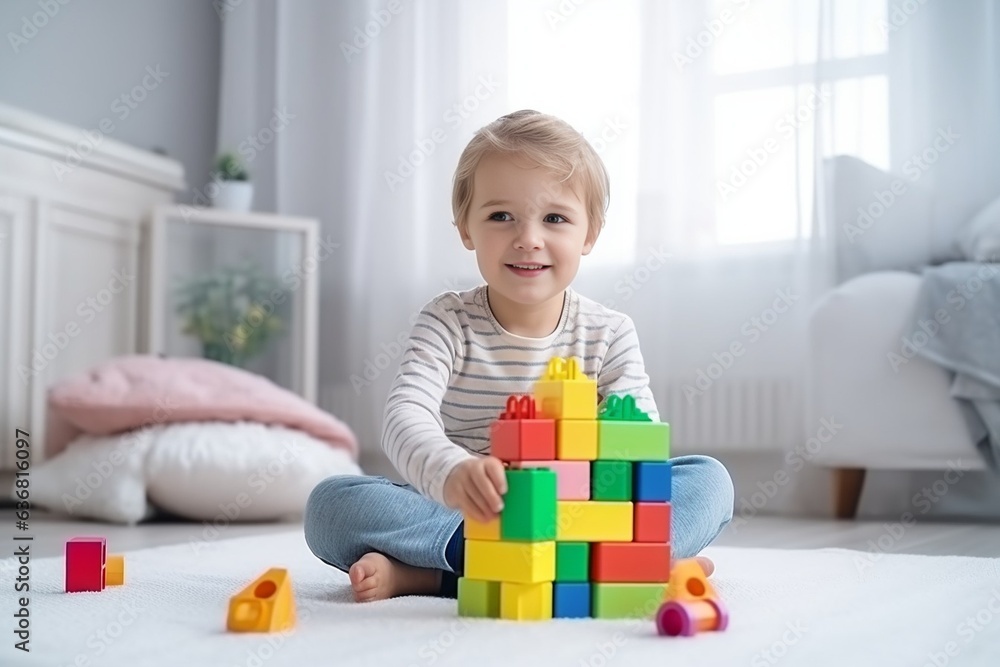 Poster generative ai : kid playing with colorful toy blocks. little boy building tower of block toys. educa