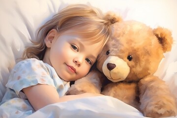 Generative AI : Cute little kid girl hugging teddy bear sleeping lay in cozy bed. Watercolor on white background. 