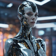 Cybernetic humanoid on factory backdrop pulsates with advanced machinery, neon lights, dynamic assembly lines, cyber, robot female