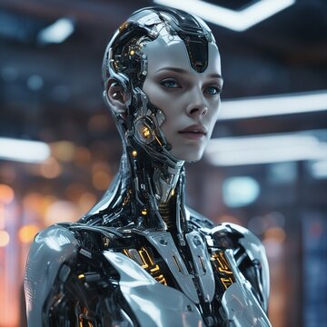 Cybernetic humanoid on factory backdrop pulsates with advanced machinery, neon lights, dynamic assembly lines, cyber, robot female
