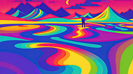 Fototapeta na wymiar illustration of a man on a psychedelic color dynamic landscape