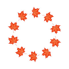 Round frame of autumn red maple leaves on a white background