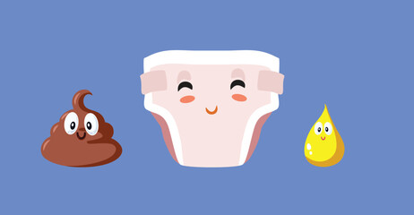Funny Diaper, Pee and Poo Vector Cartoon Characters Set. Cheerful icons for little baby bowl movement and pee time 
