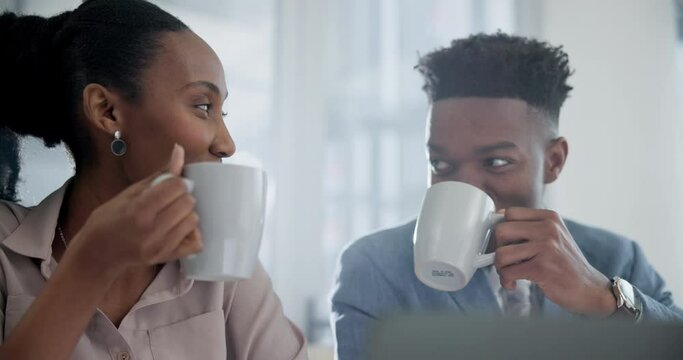 Happy, business people and friends on coffee break in office, workplace and social, conversation or collaboration. African employees, communication and talking together with tea or drink in Nigeria