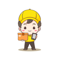 Cute Delivery Man adorable cartoon character. Courier wearing uniform and hat delivery package. People Profession concept design. Isolated white background. Vector illustration