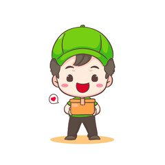 Obraz premium Cute Delivery Man adorable cartoon character. Courier wearing uniform and hat delivery package. People Profession concept design. Isolated white background. Vector illustration