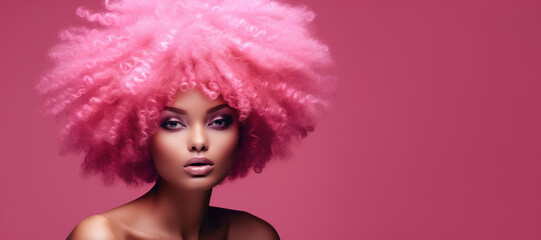 Beautiful stylish young woman with short pink curly hair on pink trendy background Generative AI.