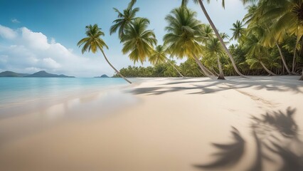 Obraz premium Vibrant 3D illustration of an exotic beach with palm trees by the sea