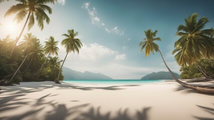 Fototapeta na wymiar Vibrant 3D illustration of an exotic beach with palm trees by the sea