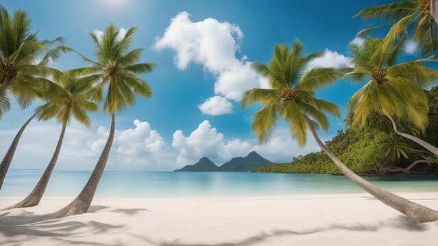 Vibrant 3D illustration of an exotic beach with palm trees by the sea
