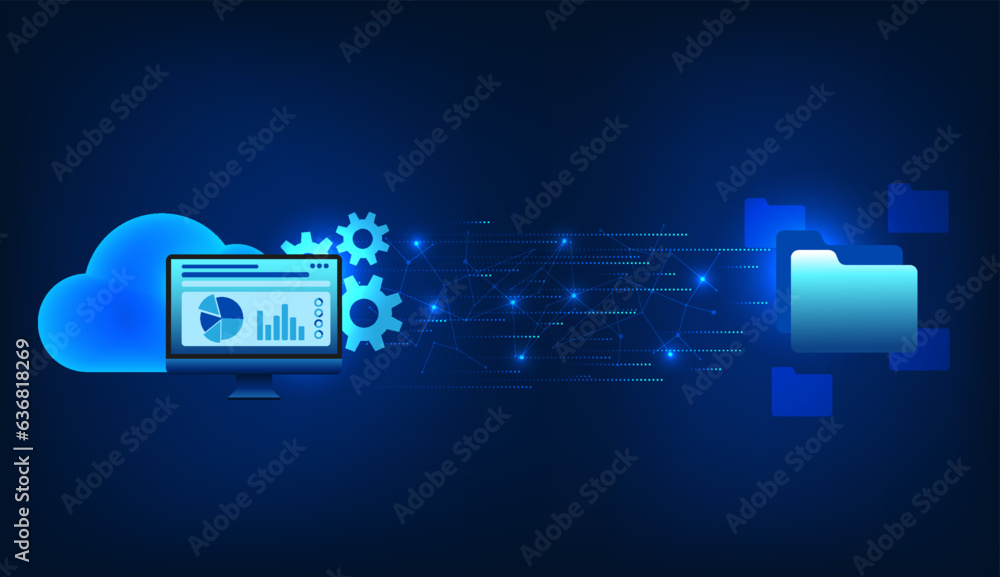 Poster computer technology behind the clouds and gears are transferring files through the internet network 