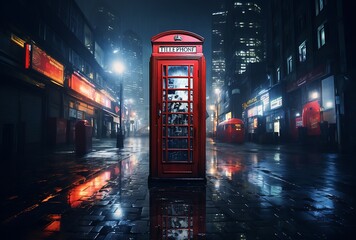 Red telephone box in the misty city at night