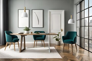 Picture frame on a cabinet with Scandinavian home interior. Template