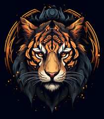 Portrait of a majestic fantasy tiger on a black background. Generative AI