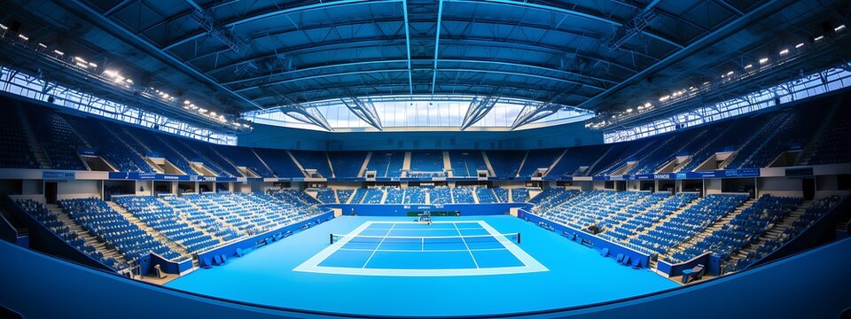 Tennis arena with empty seats and floodlights, 3d render