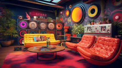 Foto auf Alu-Dibond record lounge with retro furnishings and psychedelic decor © ginstudio