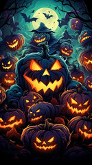 Glowing-eyed scary pumpkins on abstract colorful Halloween background